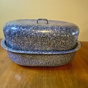 Vintage Blue Speckled Enamel Oval Roaster XL Pan Lid Rack Farmhouse Country